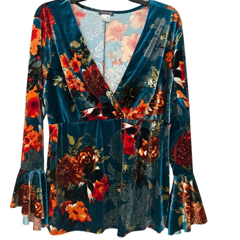 Whimsigoth Velvet Floral Top 1X Teal Dark Romantic Boho Bell Sleeve Peplum Y2K